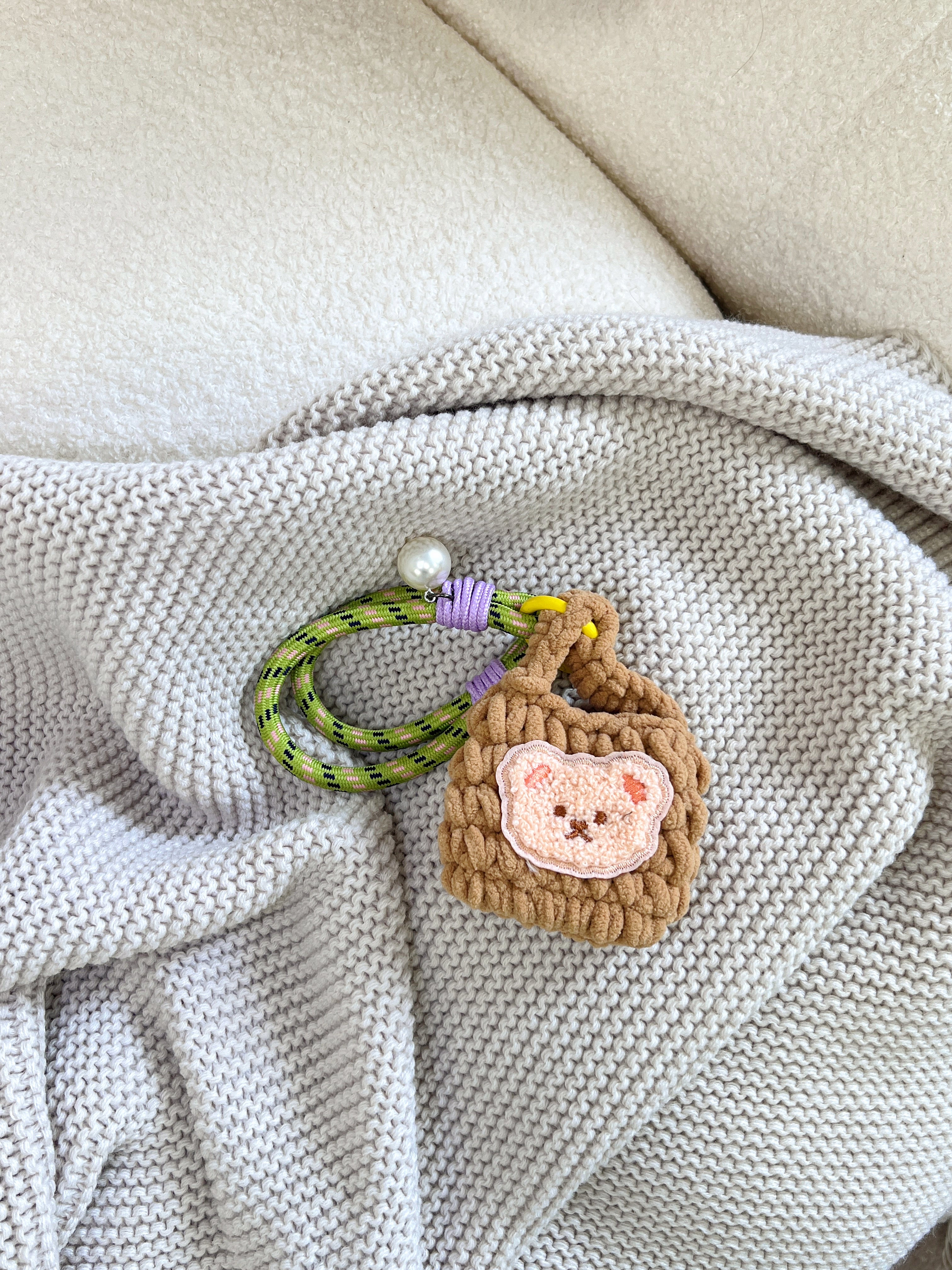 Hand-Knitted Mini Bag with Bear Bag Charm