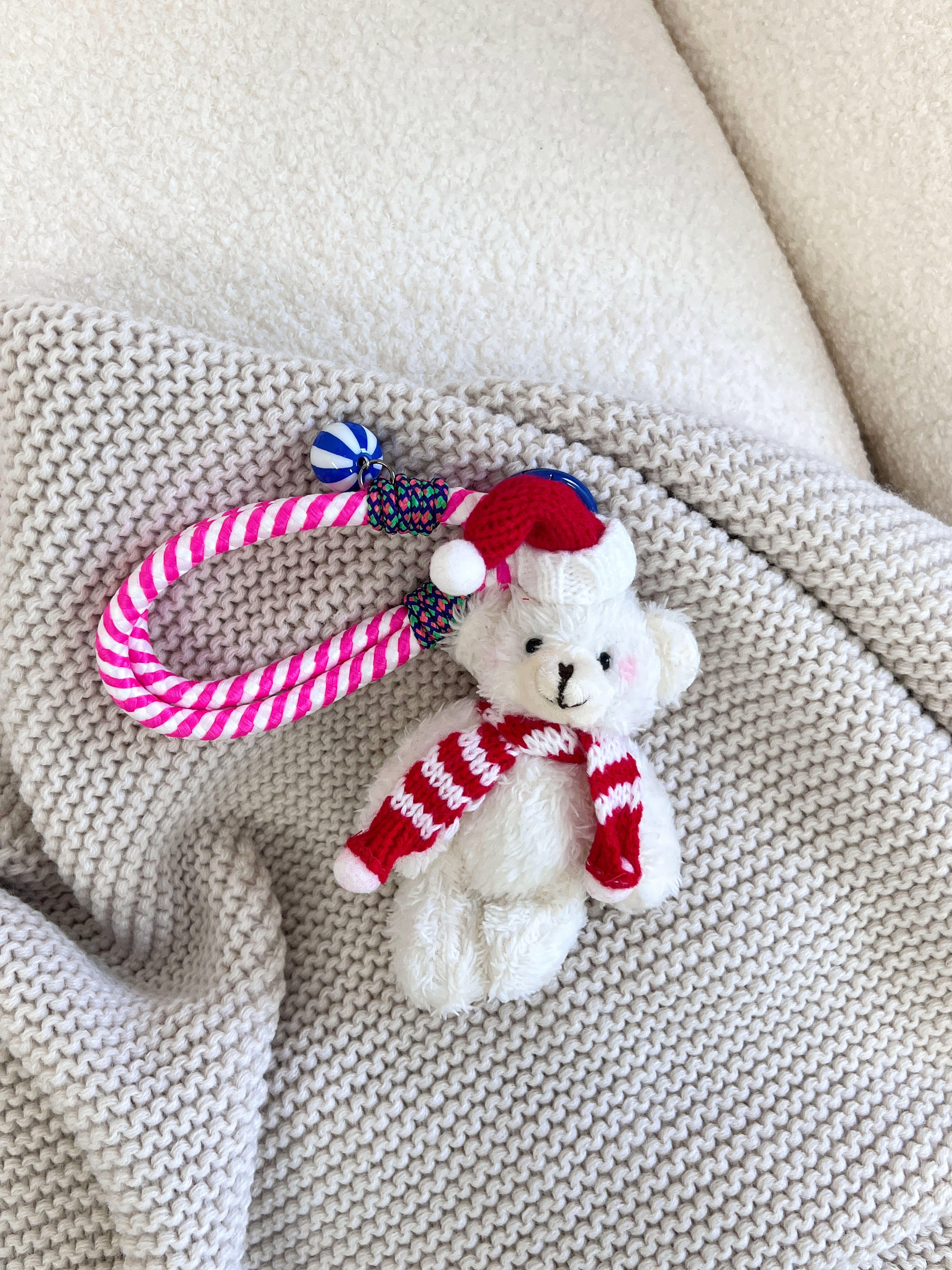 Hand-Knitted White Teddy Bear with Christmas Hat & Scarf Bag Charm