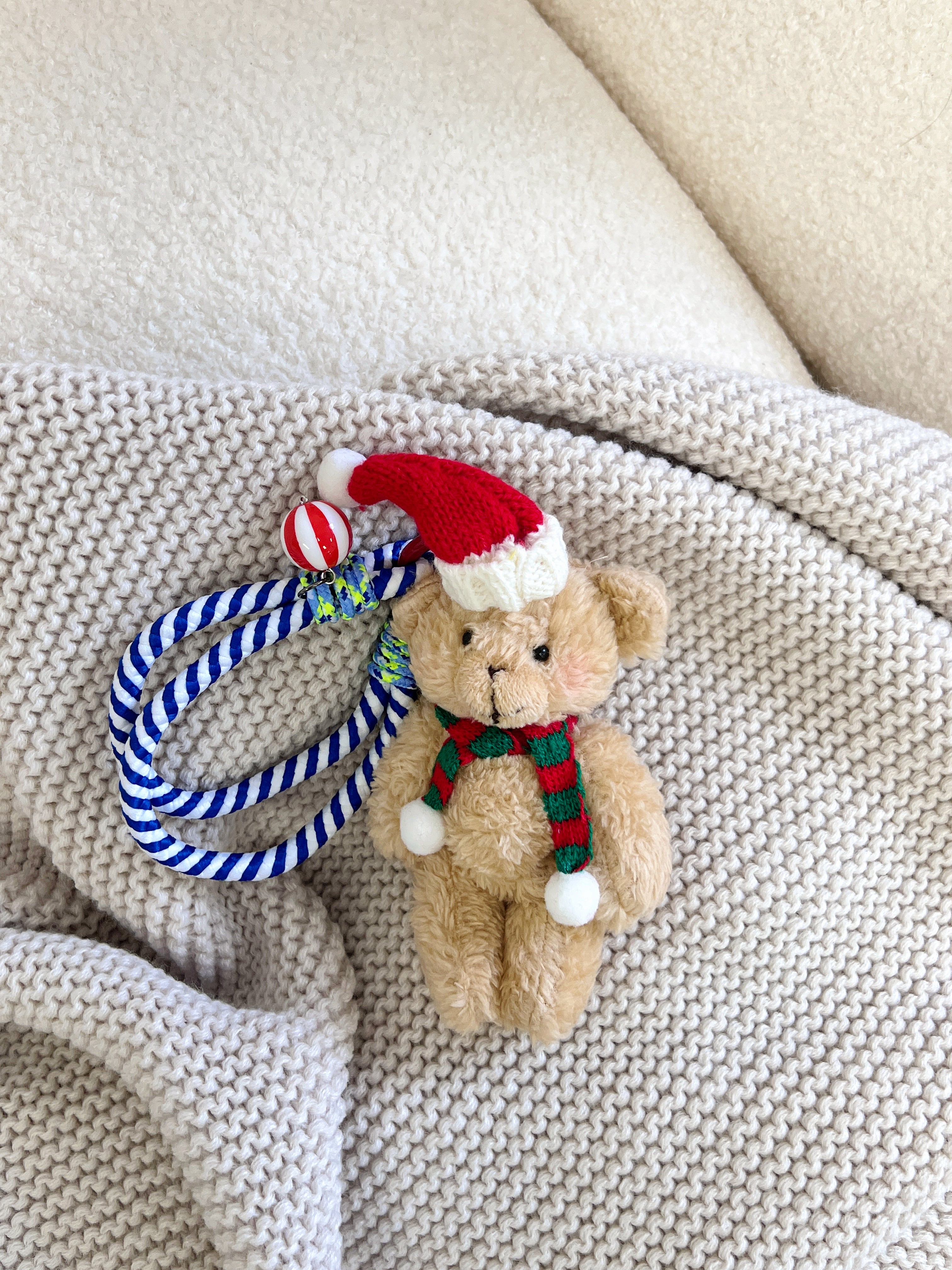 Hand-Knitted Brown Teddy Bear with Christmas Hat & Scarf Bag Charm