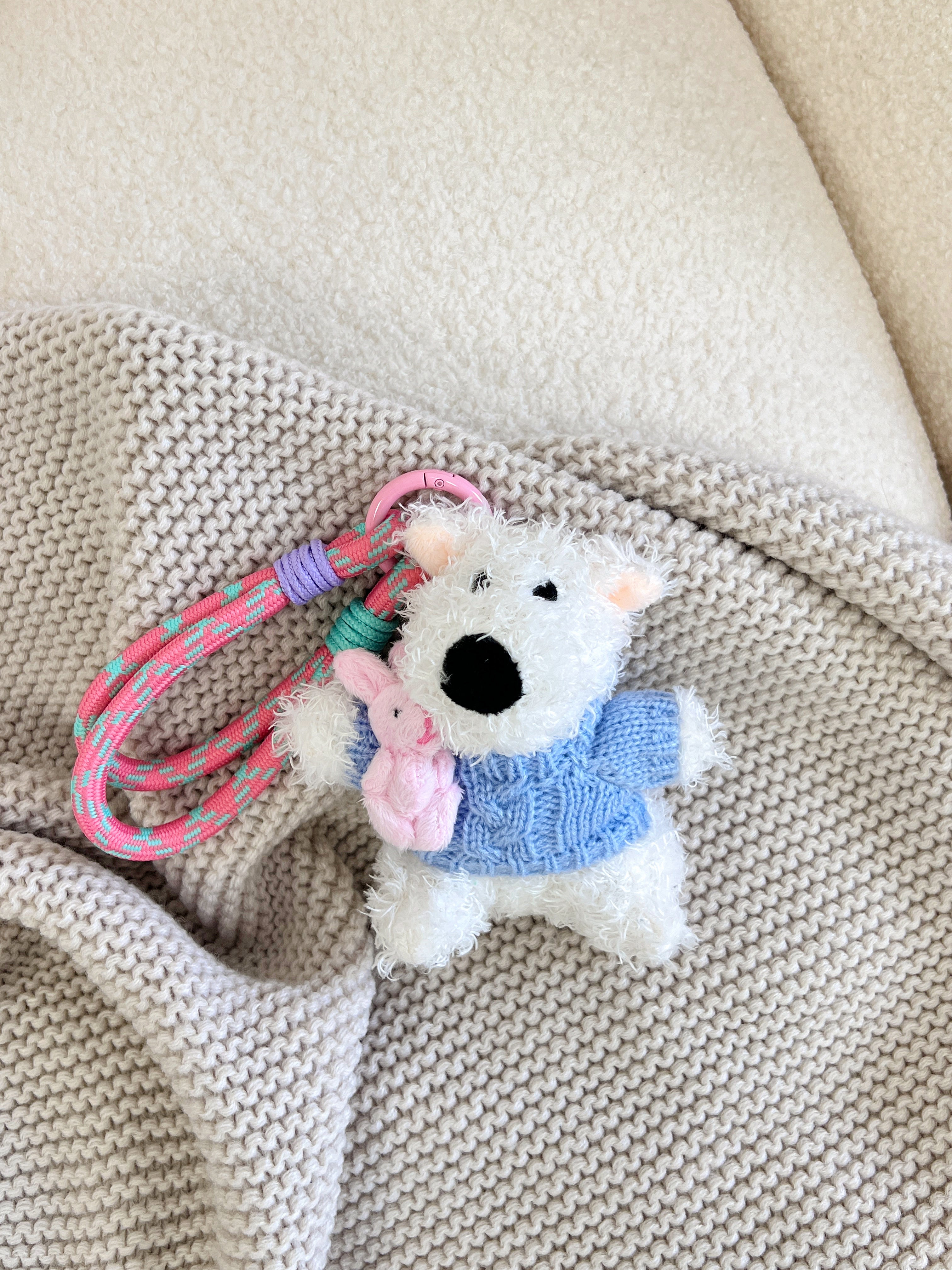 Hand-Knitted Blue Sweater Blush Westie Bag Charm