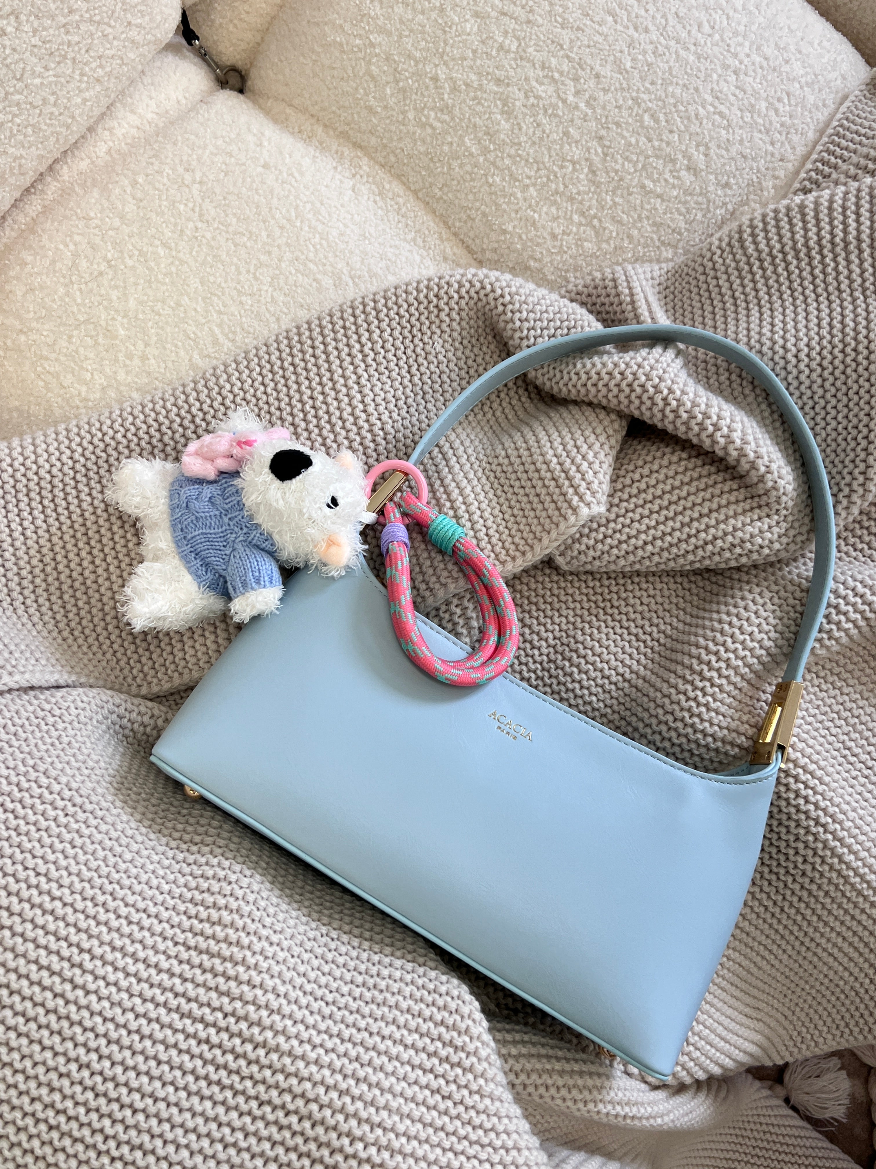 Hand-Knitted Blue Sweater Blush Westie Bag Charm
