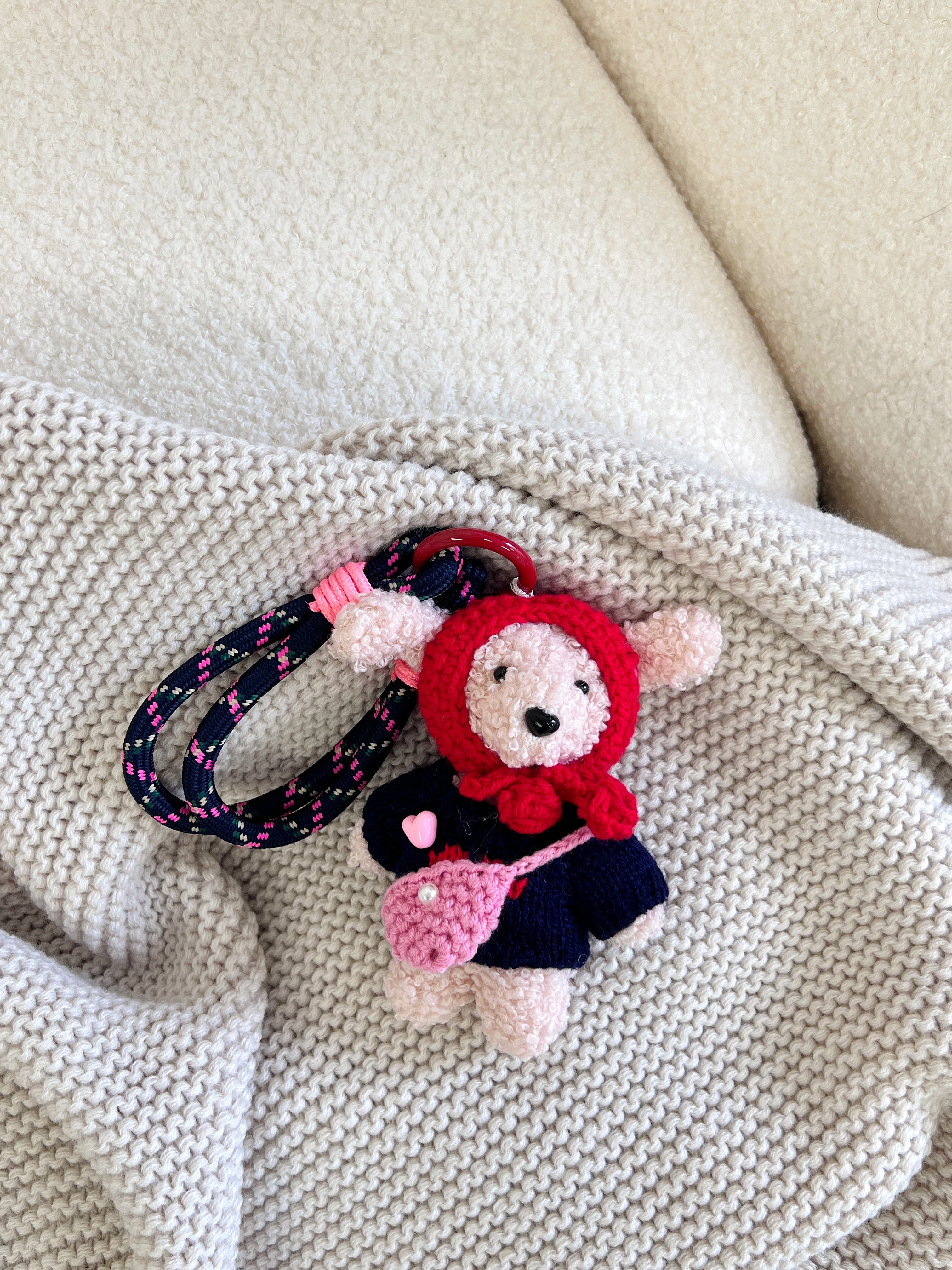 Hand-Knitted Red Heart Sweater Teddy Dog Bag Charm