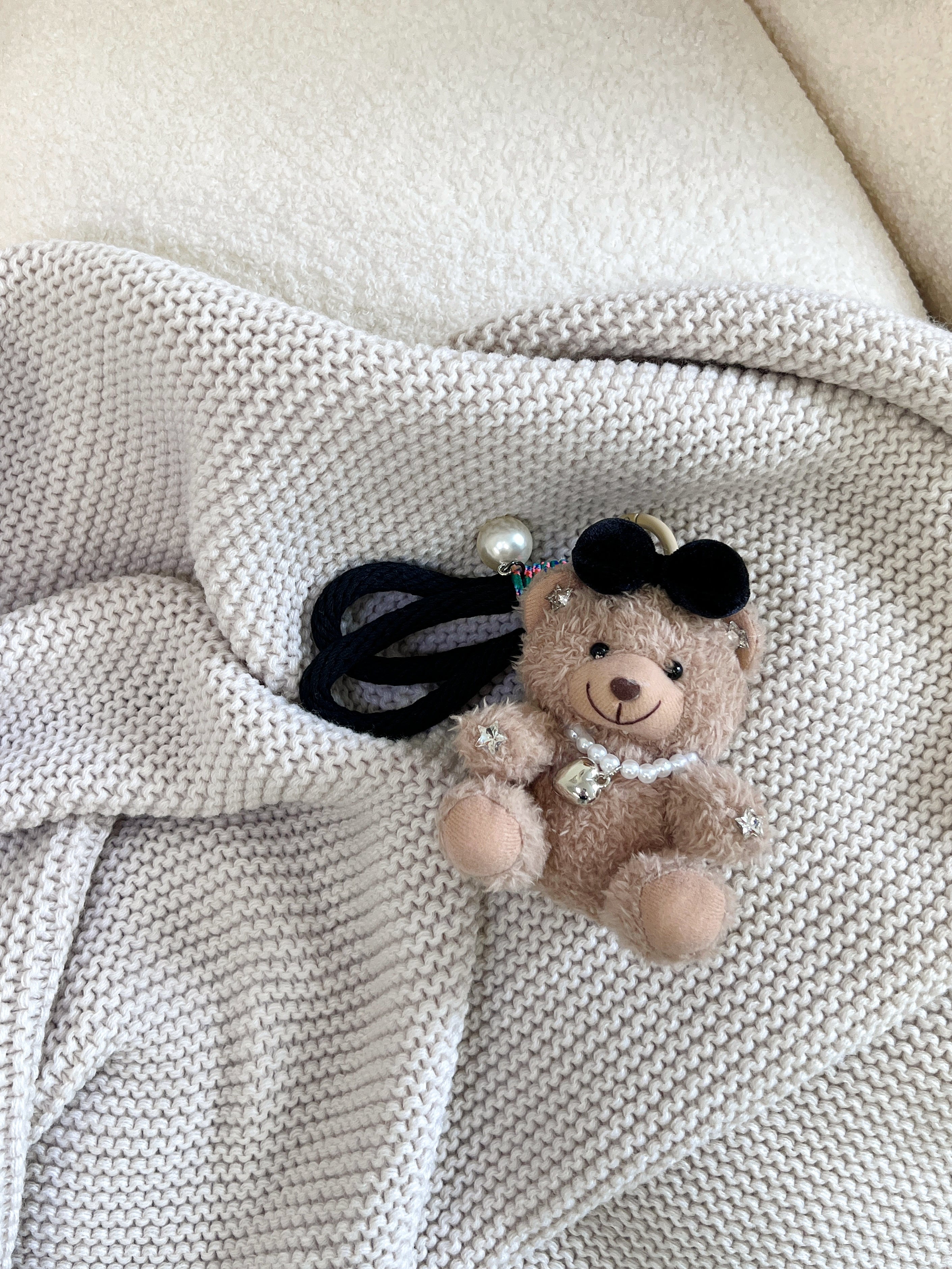 Handmade Teddy Bear with Black Bow Bag Charm