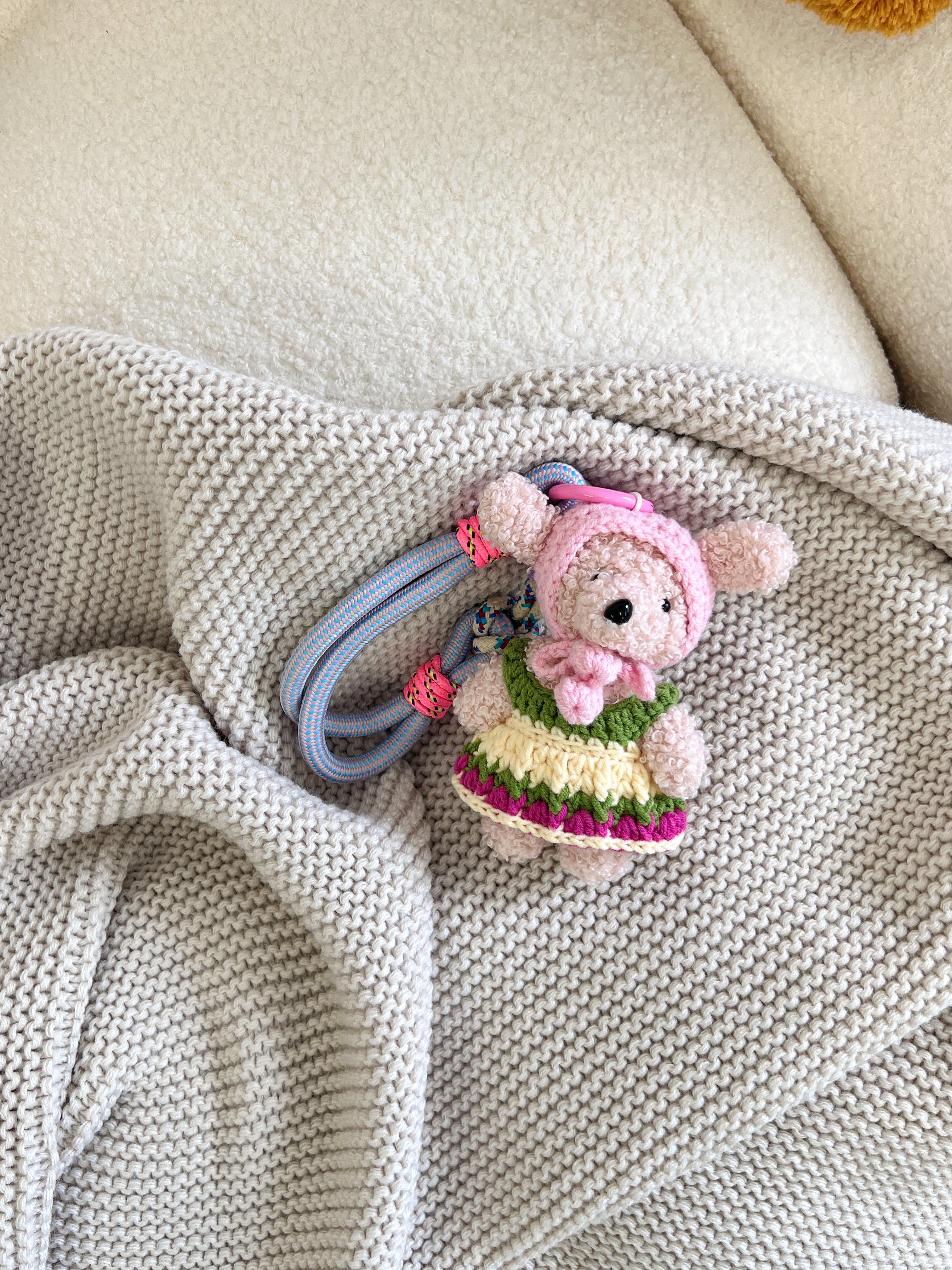 Hand-Knitted Pink Hood Teddy Dog Bag Charm
