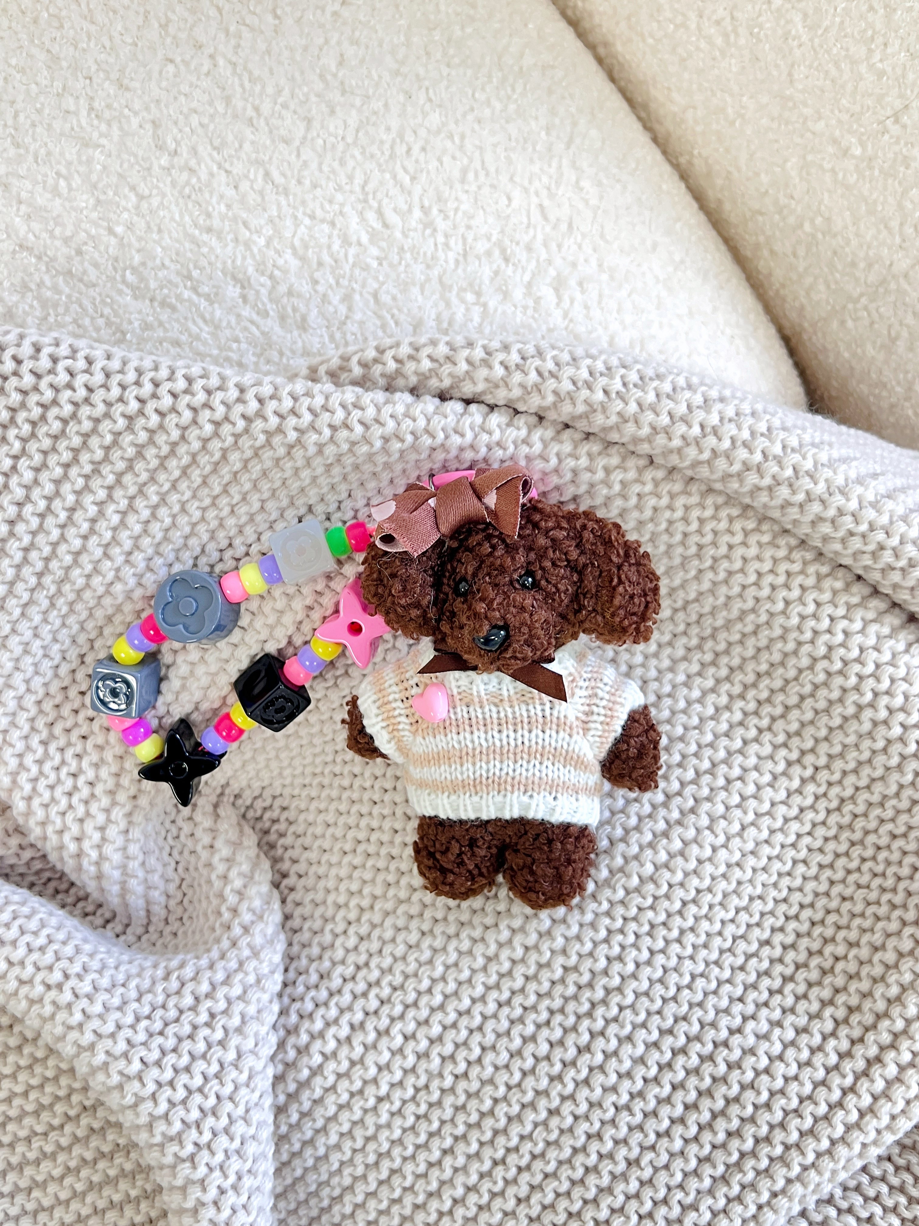Hand-Knitted Brown Bow Teddy Dog Bag Charm