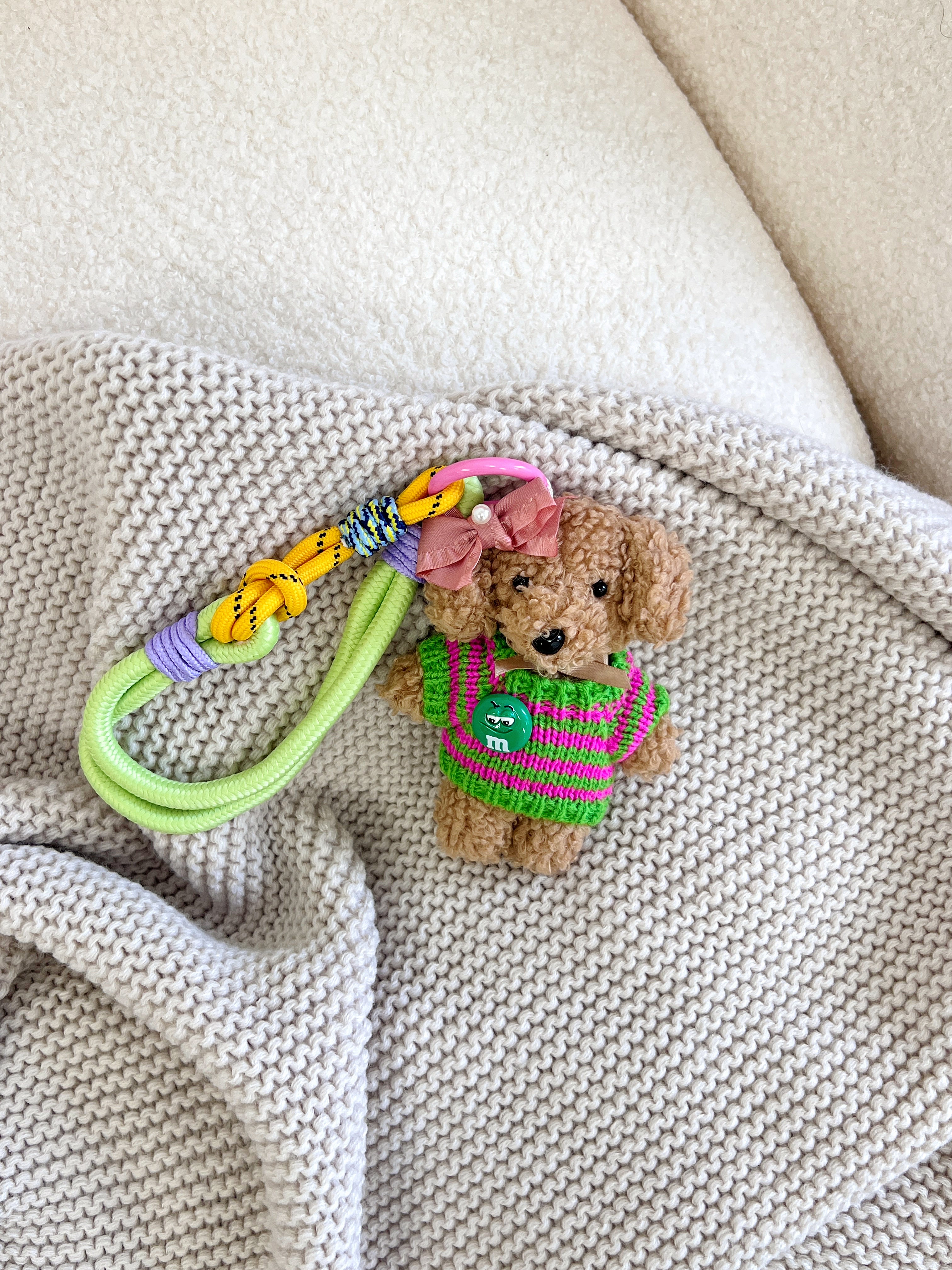 Hand-Knitted Green Stripe Sweater Teddy Dog Bag Charm