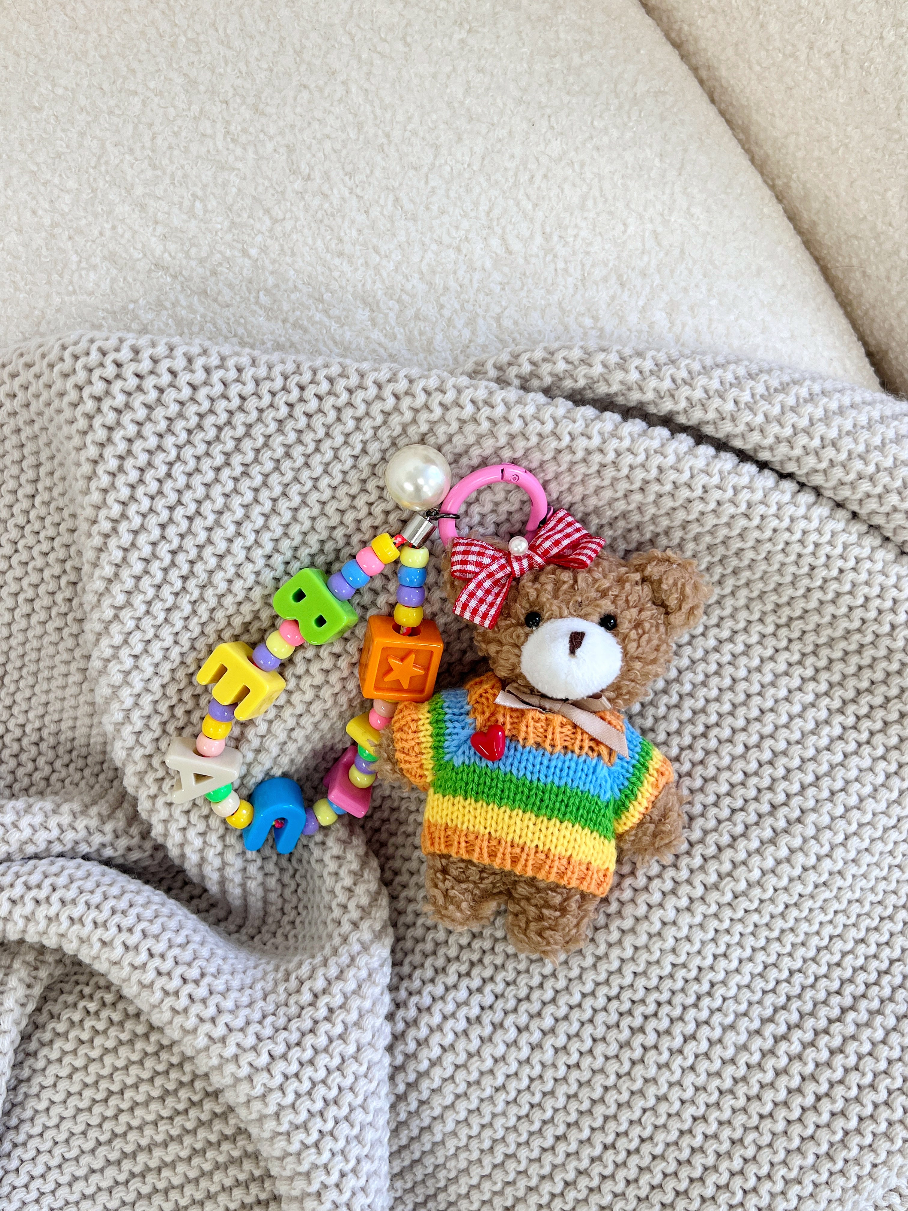 Hand-Knitted Rainbow Sweater Teddy Bear Bag Charm