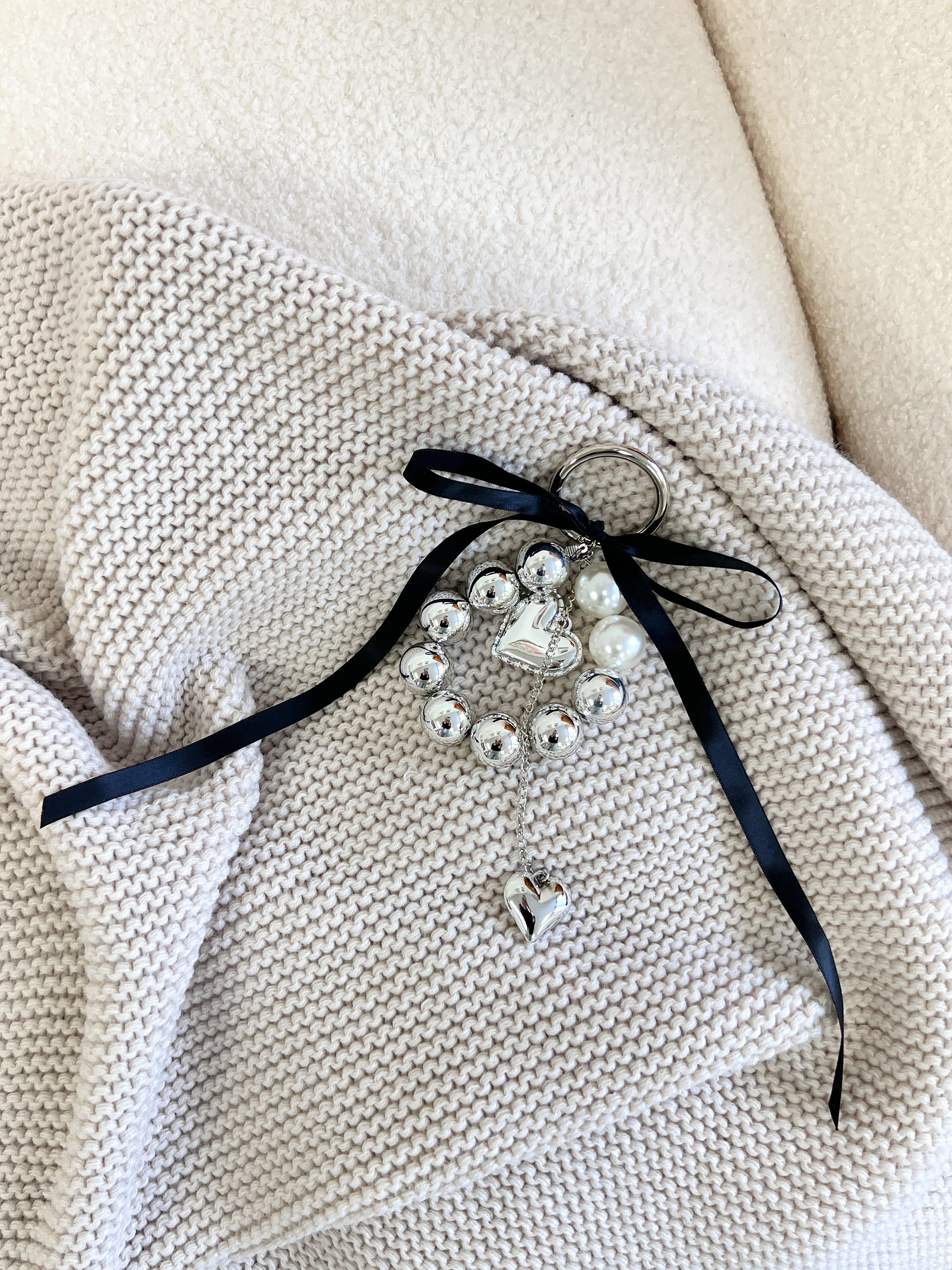 Faux Pearl Bow Metal Silver Heart Pendant Bag Charm