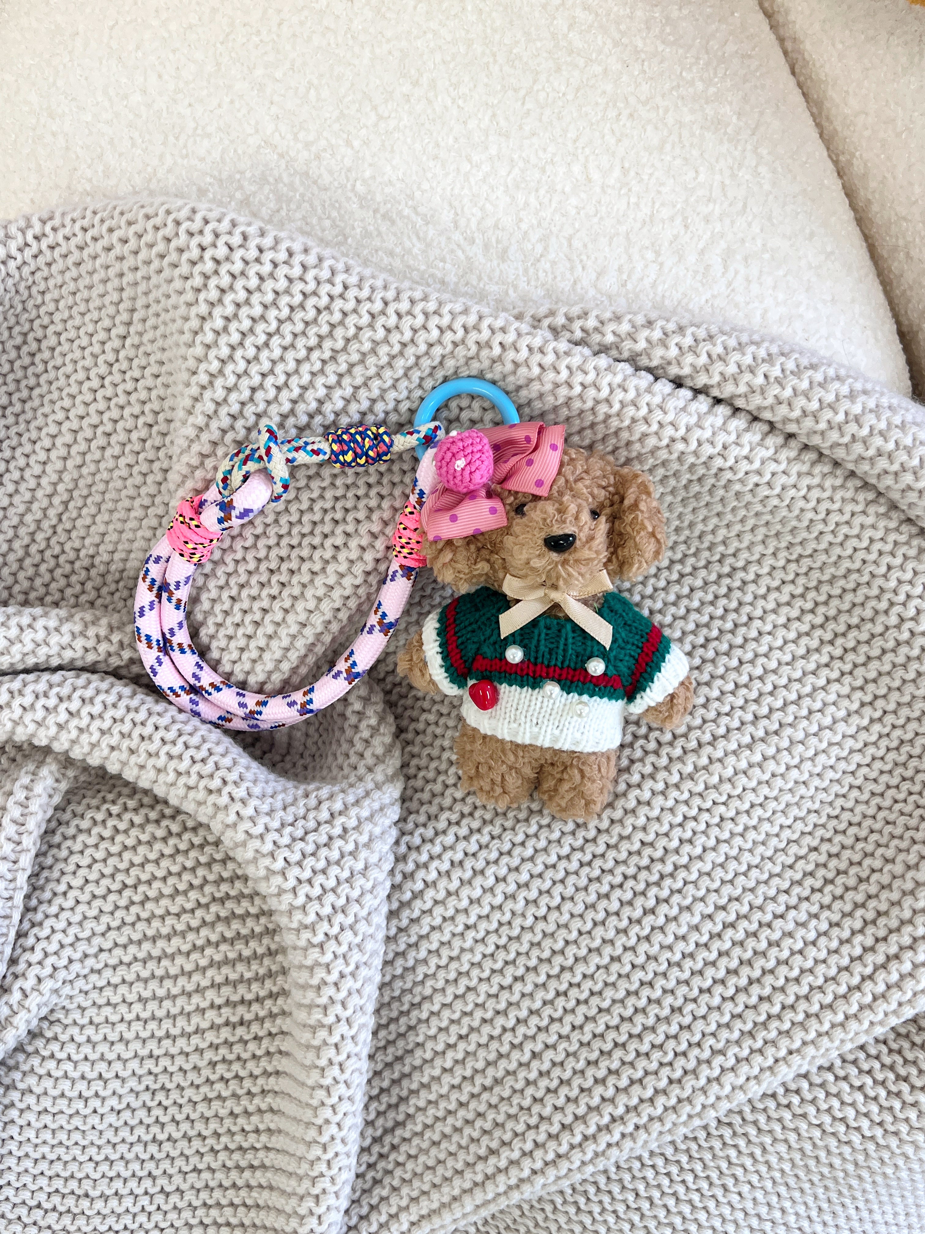 Hand-Knitted Green & Red Sweater Teddy Dog Bag Charm