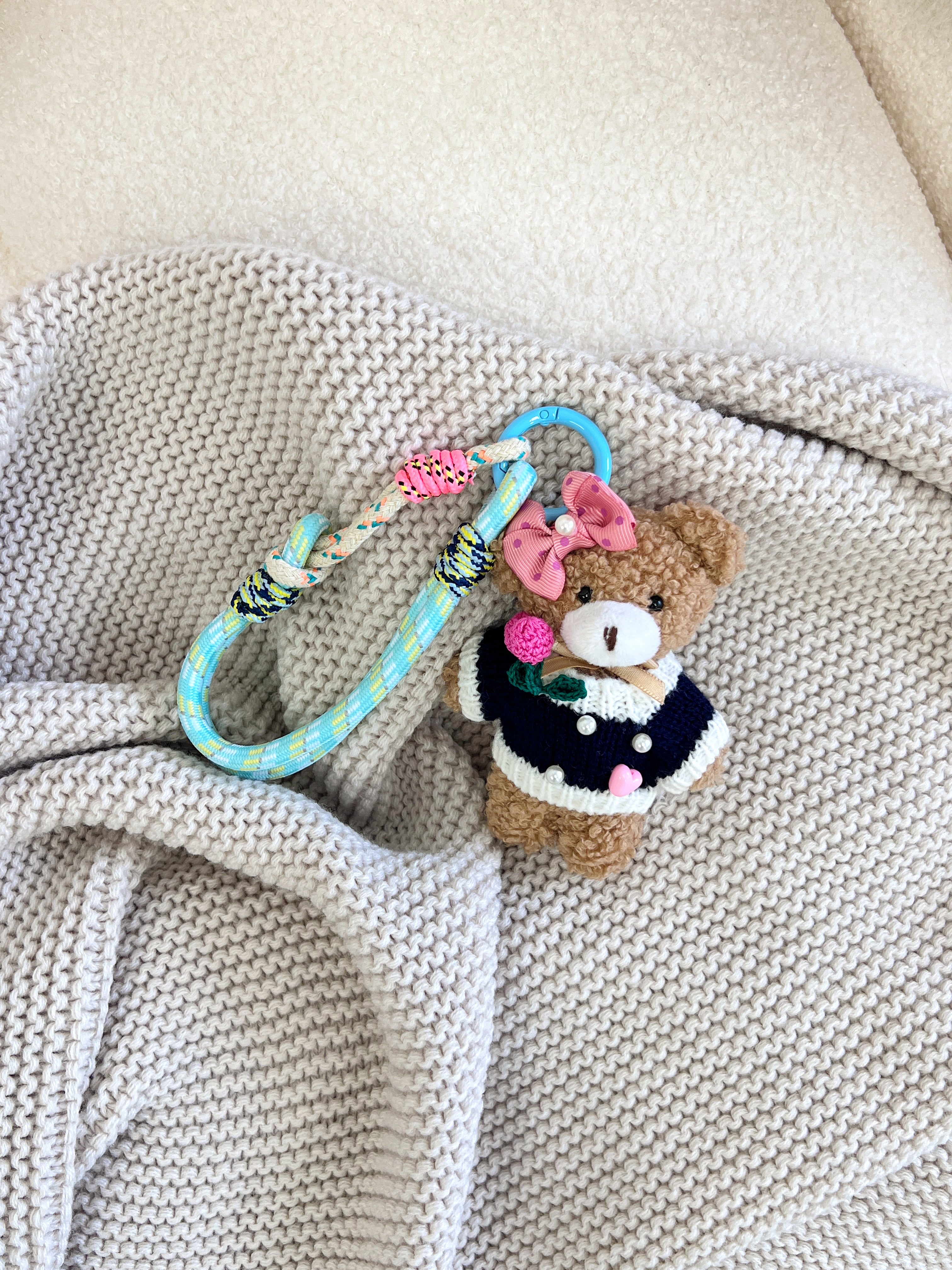 Hand-Knitted Pink Bow & Cherry Teddy Bear Bag Charm