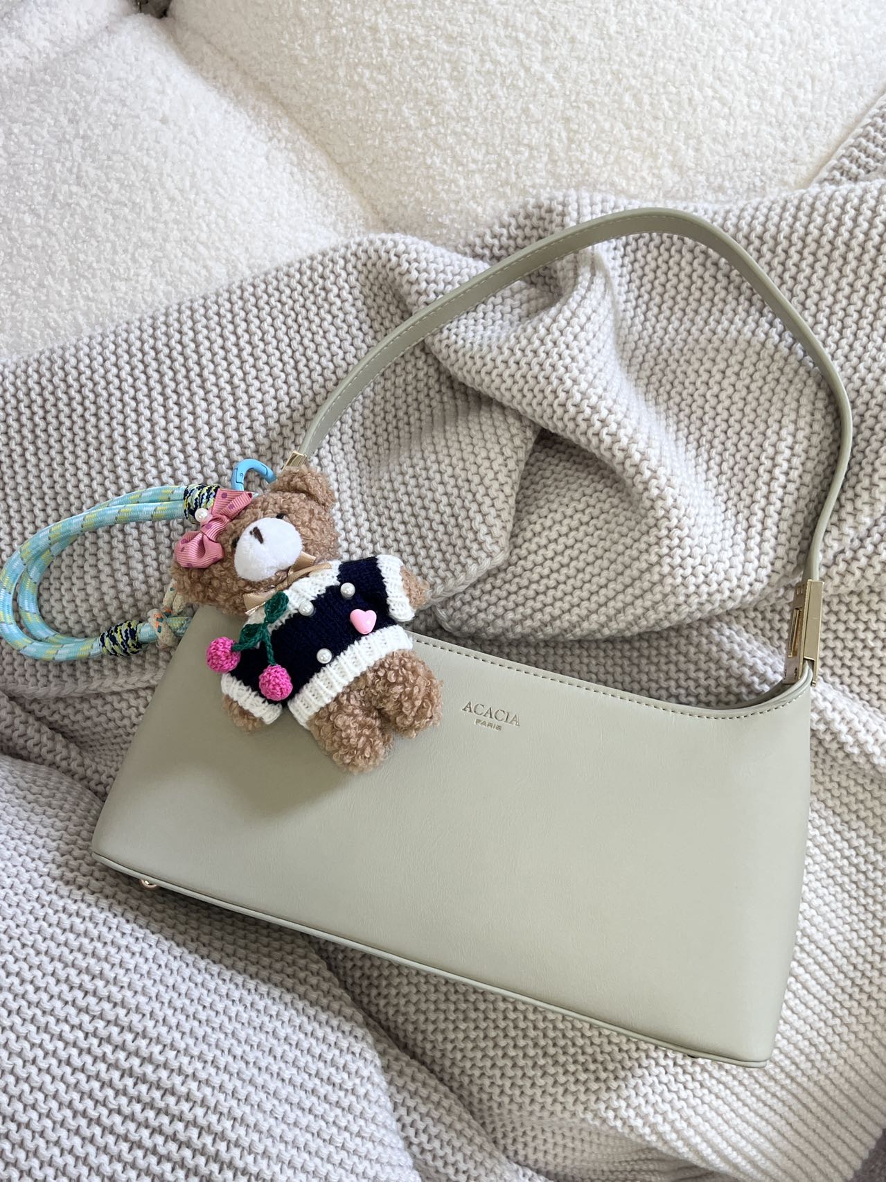 Hand-Knitted Pink Bow & Cherry Teddy Bear Bag Charm