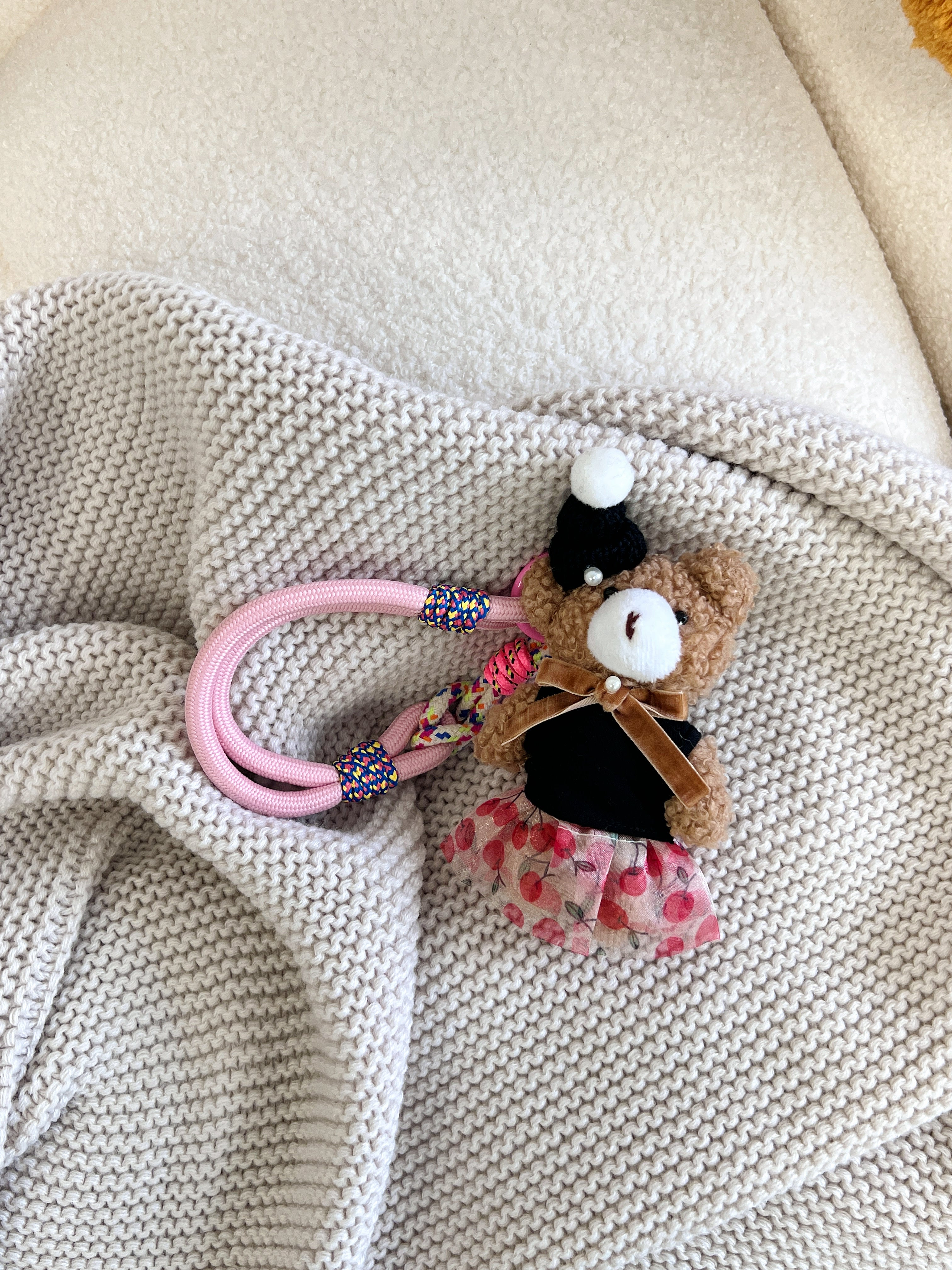Hand-Knitted Apple Print Skirt Teddy Bear Bag Charm
