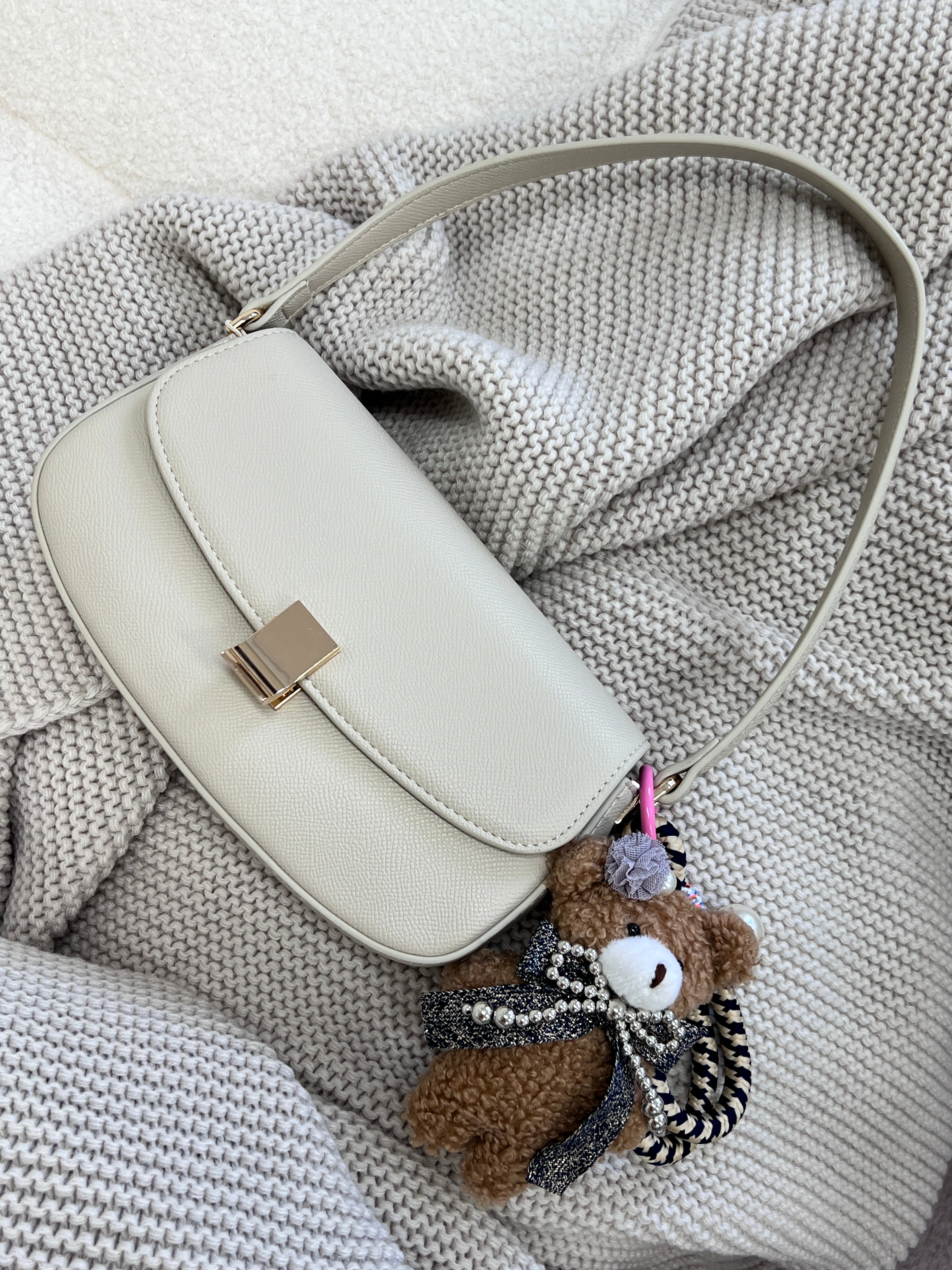 Handmade Teddy Bear with Silver Bow Necklace Bag Charm