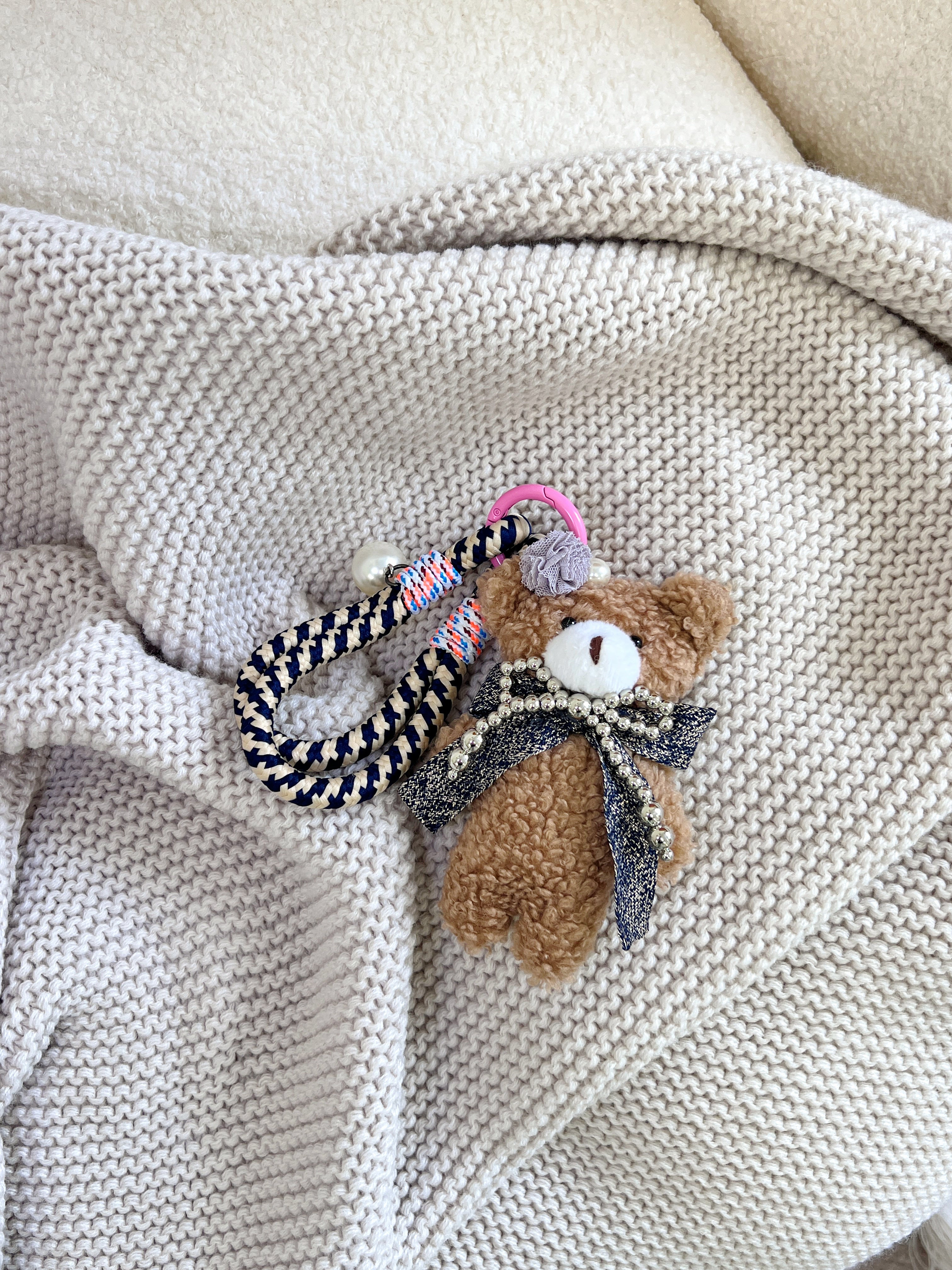 Handmade Teddy Bear with Silver Bow Necklace Bag Charm