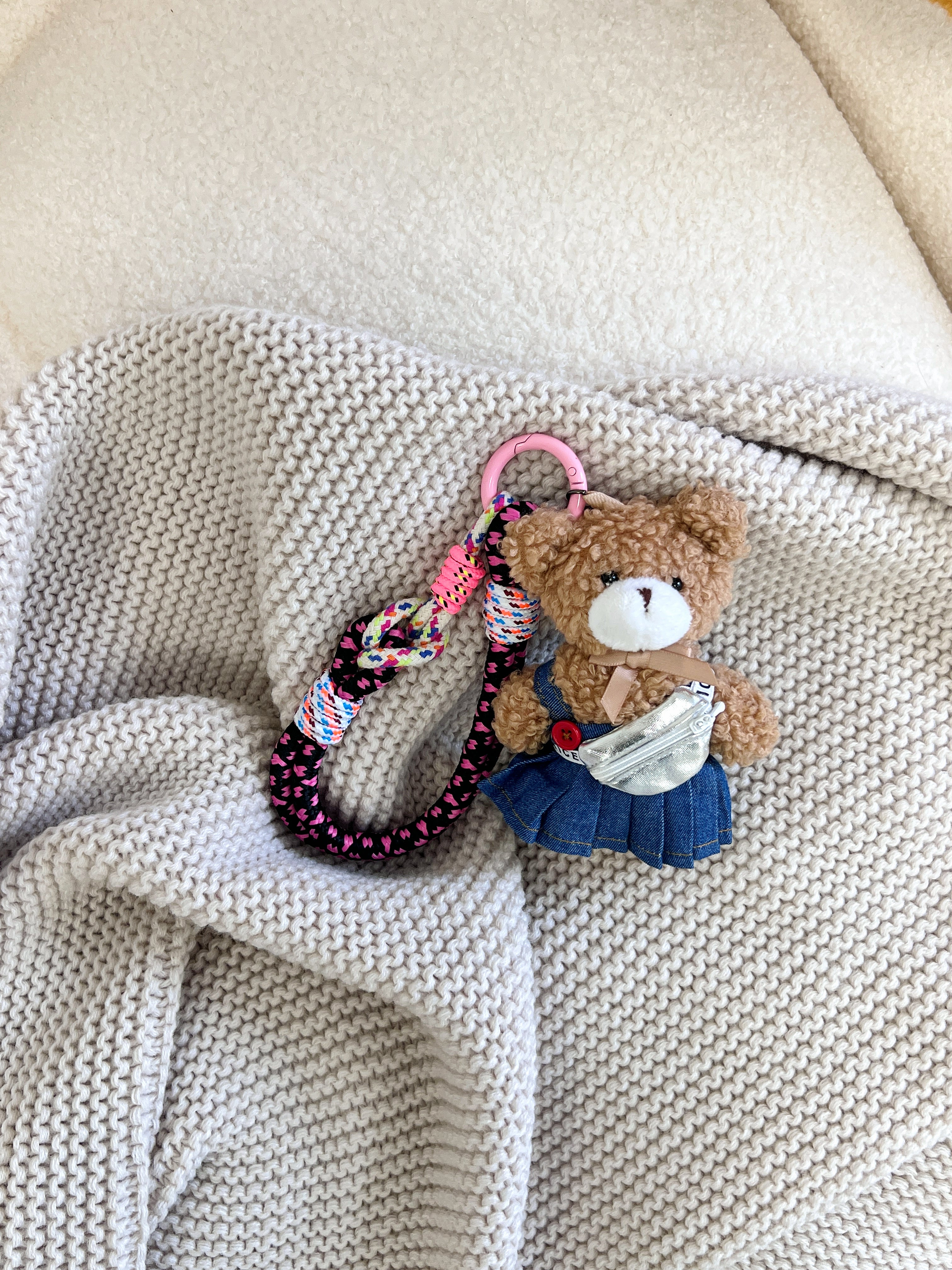 Hand-Knitted Denim Dress & Silver Waist Bag Teddy Bear Bag Charm