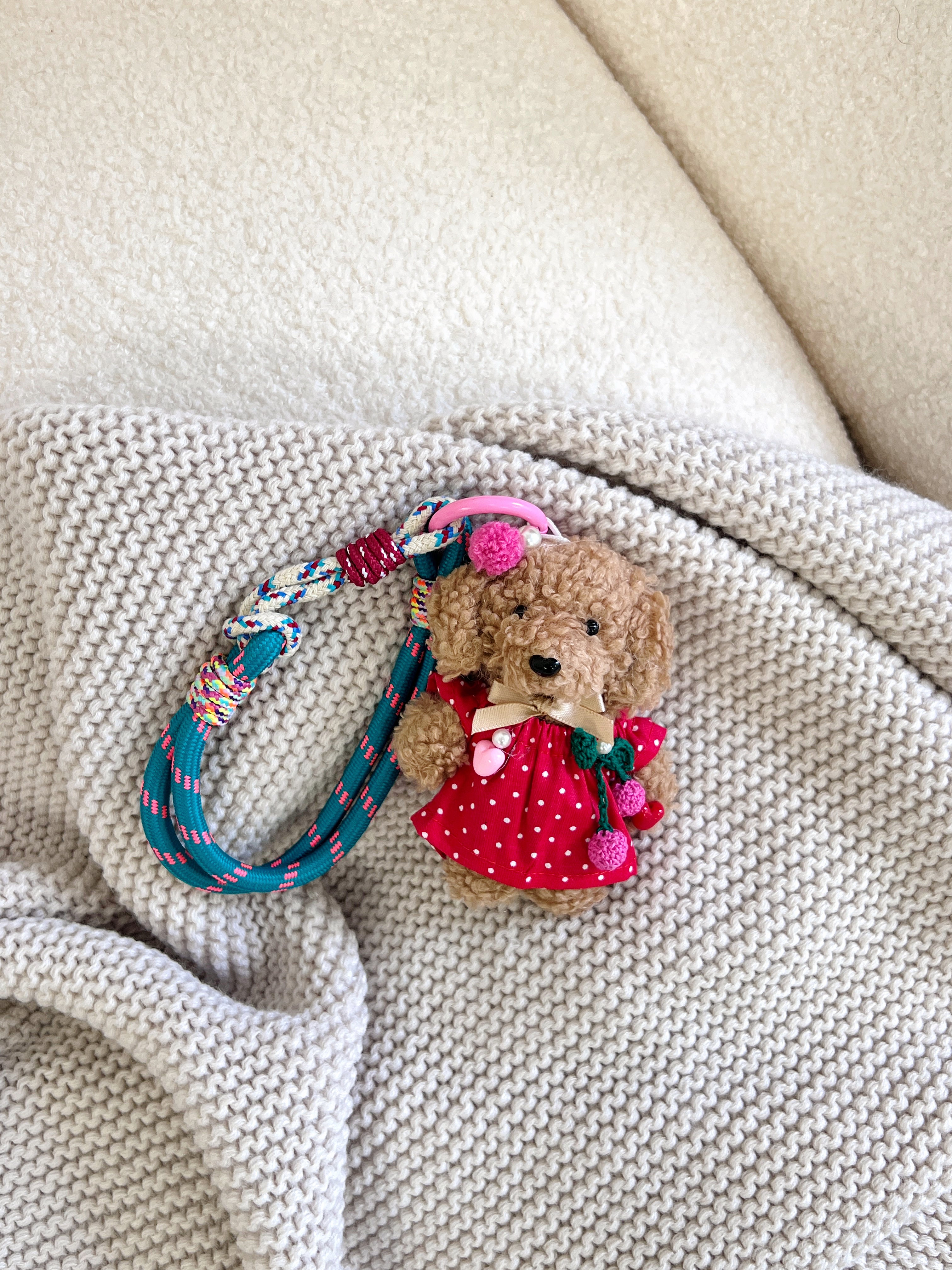 Hand-Knitted Red Polka Dot Dress Teddy Dog Bag Charm
