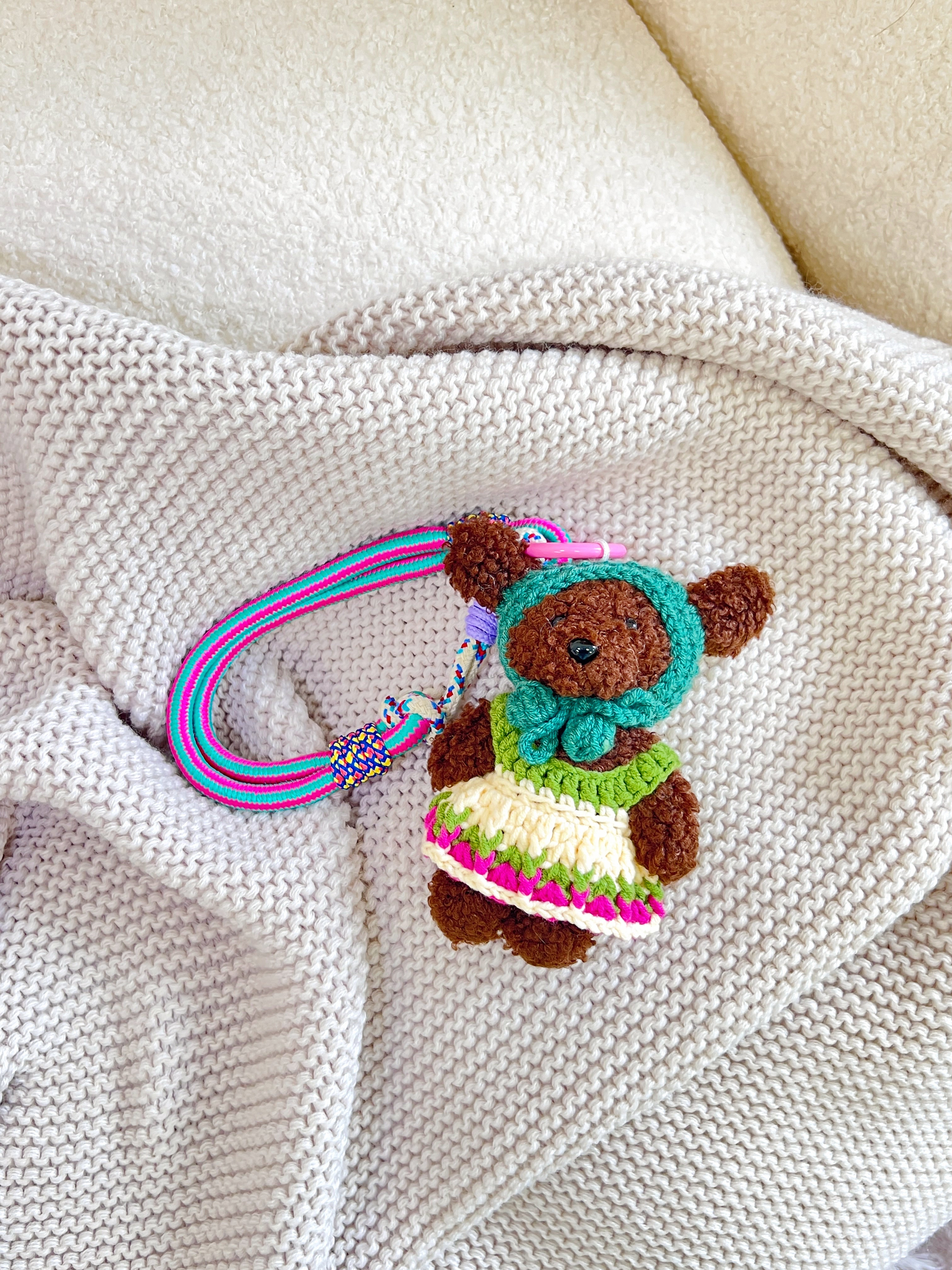 Hand-Knitted Green Scarf Teddy Dog Bag Charm