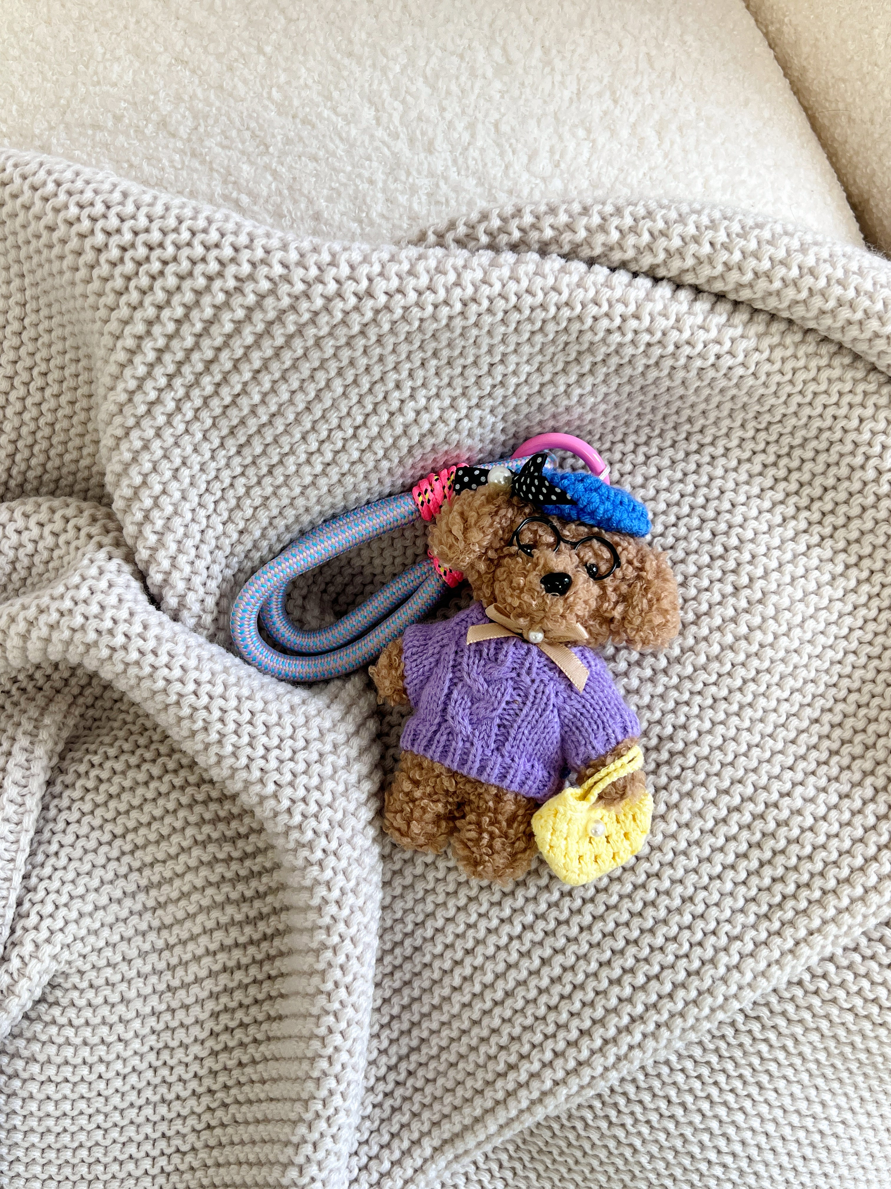 Hand-Knitted Purple Teddy Dog with Glasses Bag Charm