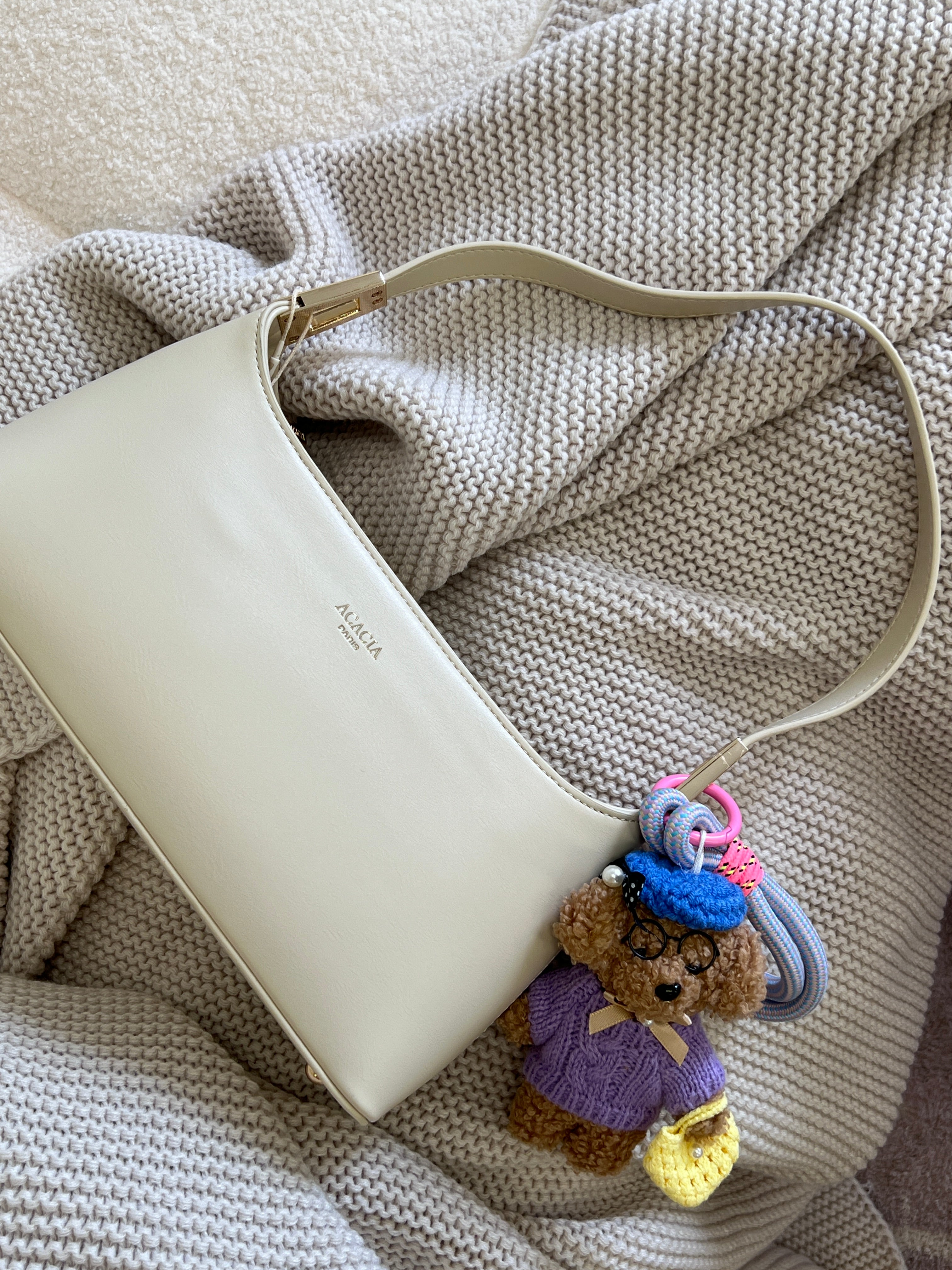 Hand-Knitted Purple Teddy Dog with Glasses Bag Charm