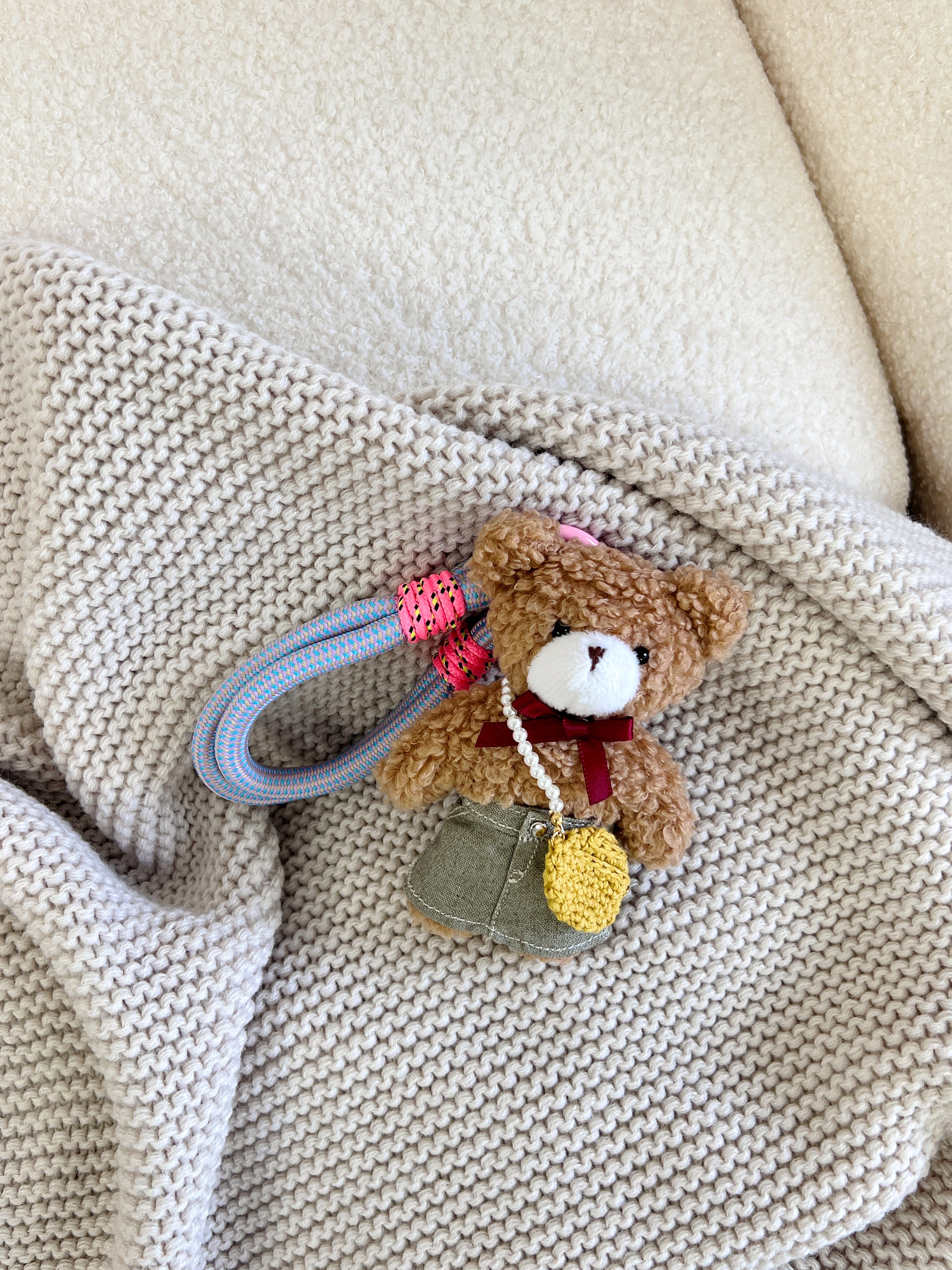 Hand-Knitted Grey Denim Skirt Teddy Bear Bag Charm